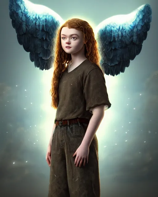 Image similar to Full body potrait of sadie sink as an angel, hyper realistic, prismatic highlights, atmosphere, gorgeous, depth of field, cinematic, macro, concept art, 50mm, artstation, wlop, elegant, epic, weta digital, focus, octane render, v-ray, 8k, kodak portra, art by Liberatore