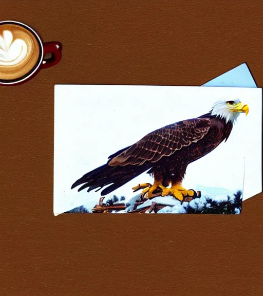 Prompt: damaged postcard of 'an eagle in the nest of a snowy pine tree' laying on coffee table, zoomed out shot