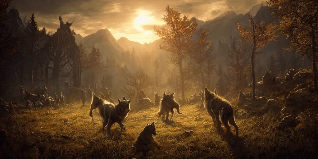 Image similar to the elder scrolls vi, wolves and their treasures, painted, intricate, volumetric lighting, beautiful, daytime, sunny weather, slight overcast, golden hour, sharp focus, deep colours, ultra detailed, by leesha hannigan, ross tran, thierry doizon, kai carpenter, ignacio fernandez rios