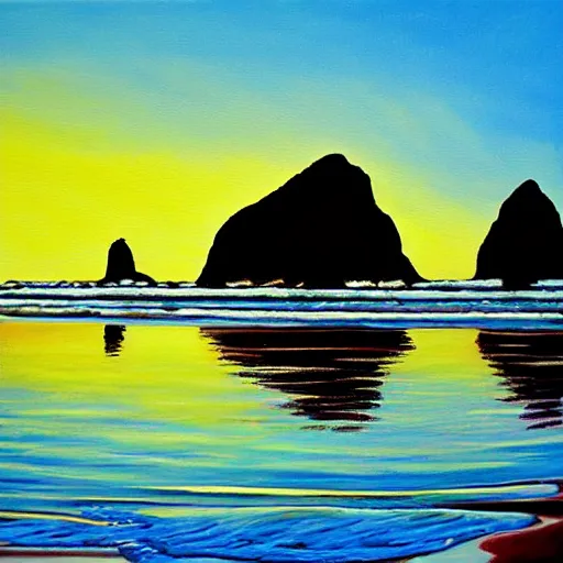 Prompt: cannon beach realistic painting at sunset