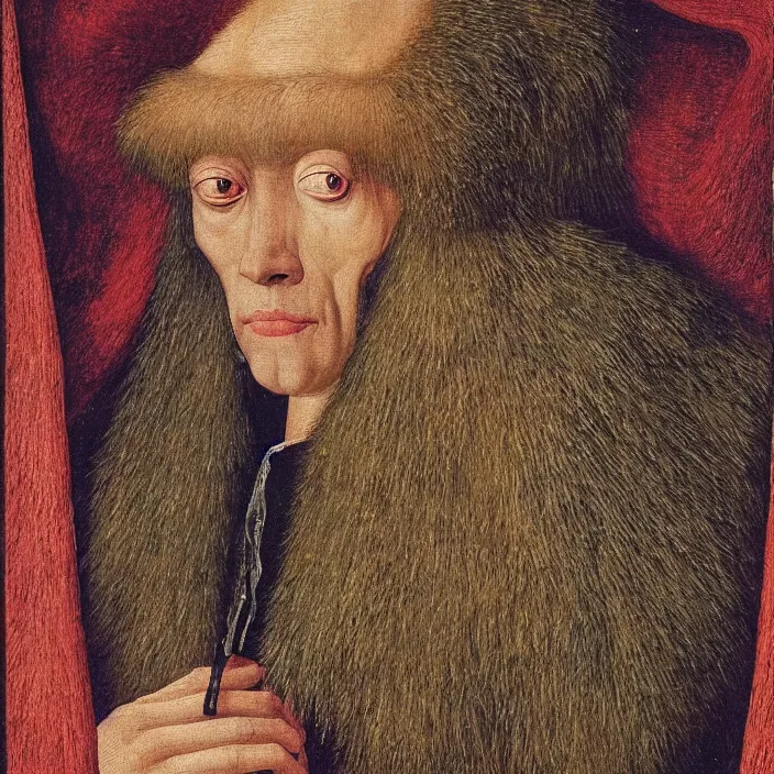 Image similar to close up portrait of a mutant monster creature with very long eyelashes that go up, covering the entire forehead. colorful painting by jan van eyck, audubon