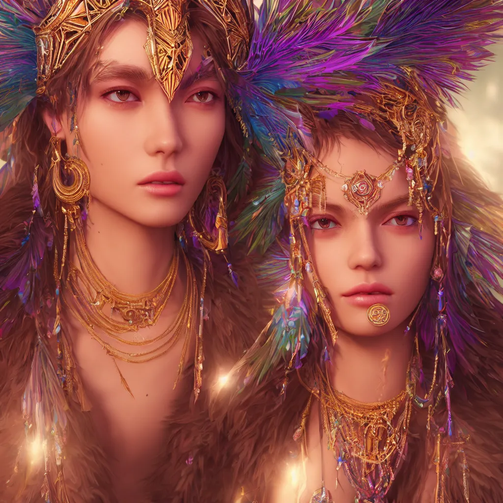 Prompt: close up face portrait highly detailed beautiful symmetrical face high priestess intricate elegant detailed crystal jewellery with tribal feathers, lush colourful volumetric lighting, anime digital painting, concept art, smooth, sharp focus 3 d, divine realm of gods, realistic cinematic style, octane render, photographic, unreal engine 8 k