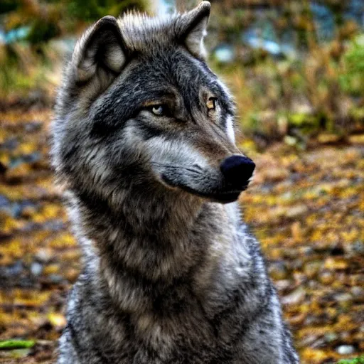 Image similar to human! wolf werecreature, photograph captured at woodland creek