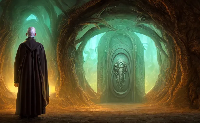 Prompt: priest in front of singular portal hell gate a realistic lovecraft cthulhu creature, filaments, translucent, photorealistic, hyperrealism, high resolution, ultra - detailed, by marc simonetti, natural volumetric lighting, realistic 4 k octane beautifully detailed render, 4 k post, vivid colors