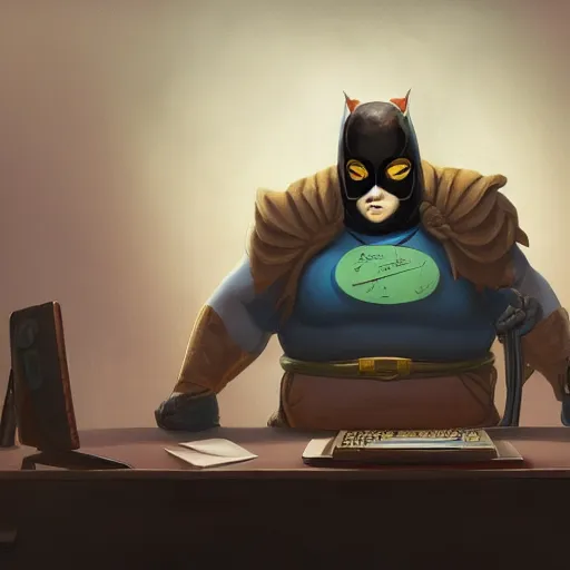 Image similar to a insanely detailed painting of a fat masked superhero wearing a costume sitting at a desk, staring at the nervously at the computer typing, in the style of peter mohrbacher, dramatic lighting and composition, trending on artstation, concept art, comic book
