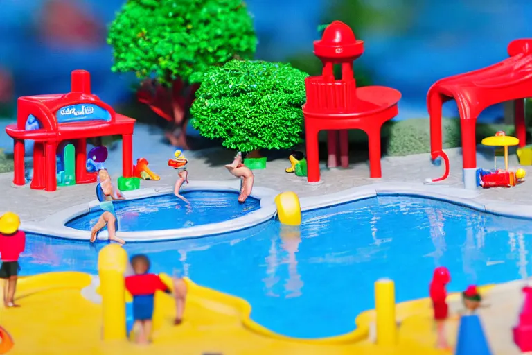 Prompt: fisher price public pool, california, in 2 0 1 5, perfect sharp focus, scene from tv show hyper detailed 5 5 mm 8 5 mm, toy photography, made out of plastic