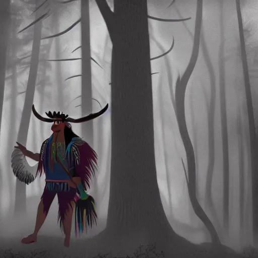 Image similar to medium shot native american, in a dark forest, mysterious, backlit, still from a pixar dreamworks movie, trending on artstation