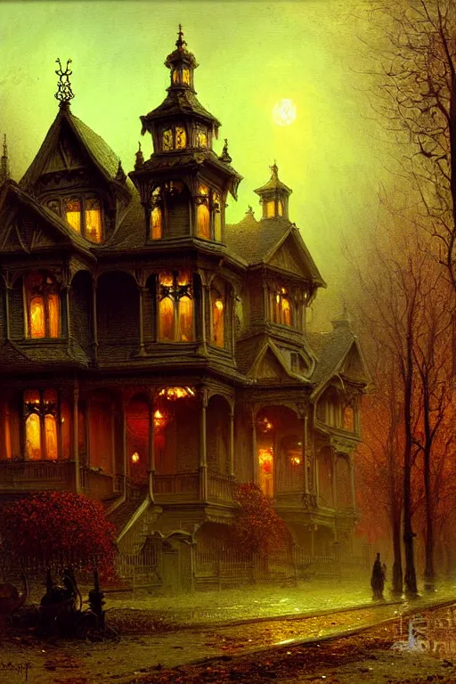 Image similar to detailed painting of a haunted victorian living capsule architecture, autumn, filigree ornaments, ghostly apparitions, andreas achenbach