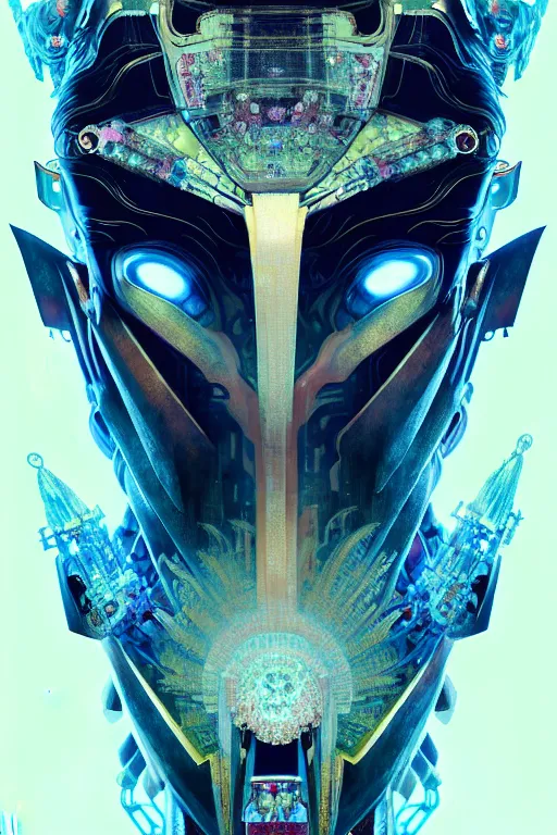 Image similar to asura from chinese myth, ghost, gorgeous and huge head ornaments, dystopian, cyberpunk, organic fractal mycelum and fungi, mecha, halfturn portrait of a big crystal face made of crystals half - turn, ominous, intricate, studio, art by anthony macbain + greg rutkowski + alphonse mucha, concept art, 4 k, sharp focus