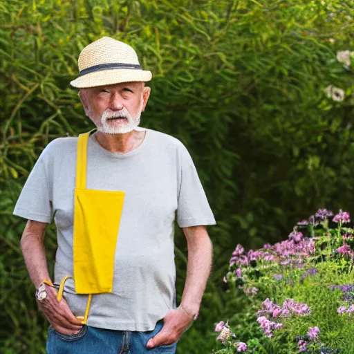 Image similar to portrait of an old man in with short grey hair and no beard wearing a straw hat standing in a garden, yellow t shirt, jeans, brown leather shoes, photography, high detail,