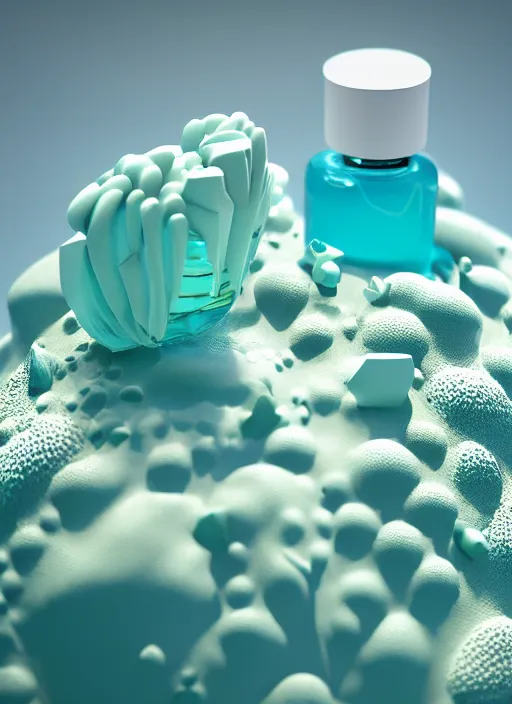 Prompt: perfume bottle covered in seafoam and corals, up close shot, sharp focus, global illumination, radiant light, alexandre ferra white mecha, irakli nadar, octane highly render, 4 k, ultra hd,