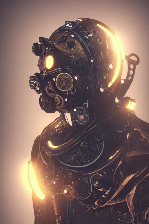 Image similar to steampunk mask minimalist fantasy art robot ninja helmet, global illumination ray tracing hdr fanart arstation by sung choi and eric pfeiffer and gabriel garza and casper konefal radiating a glowing aura