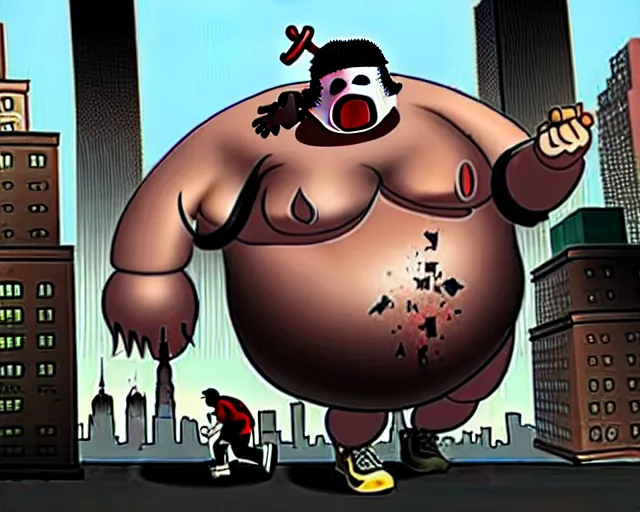 Prompt: [ 1 6 k ] a ginourmous fat behemoth putrid rotting smelly man stomping over new york city. terrorist attack. people running for their lives