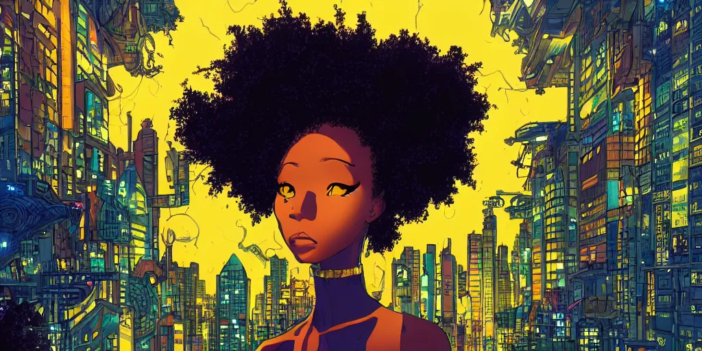 Image similar to an afropunk girl looking into an expansive afro futuristic city at night during a thunderstorm in the style of masamune shirow, anime, cinematic