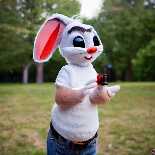 Image similar to A full portrait photo of real-life bugs bunny, f/22, 35mm, 2700K, lighting.