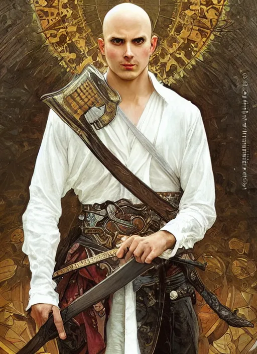 Image similar to a young man with wide, intense eyes. he is bald and clean shaven, dressed entirely in white and holding a huge sword. painting by artgerm and greg rutkowski and alphonse mucha