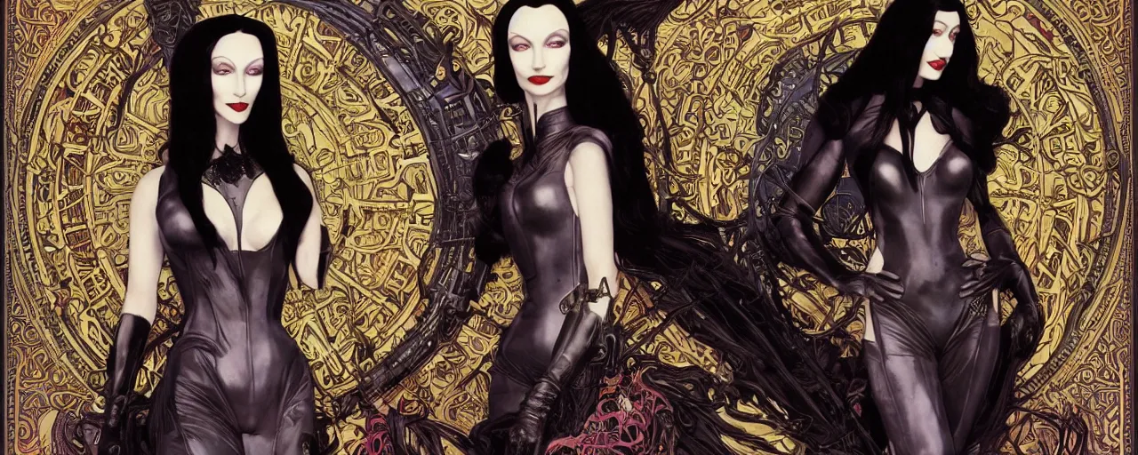 Prompt: beautiful enticing cyberpunk art nouveau style portrait of morticia addams as a gigerpunk rebel soldier by olivia de bernardinis, moebius, chris achilleos and alphonse mucha, photorealism, extremely hyperdetailed, perfect symmetrical facial features, perfect anatomy, ornate declotage, latex, weapon, high technical detail, confident expression, wry smile