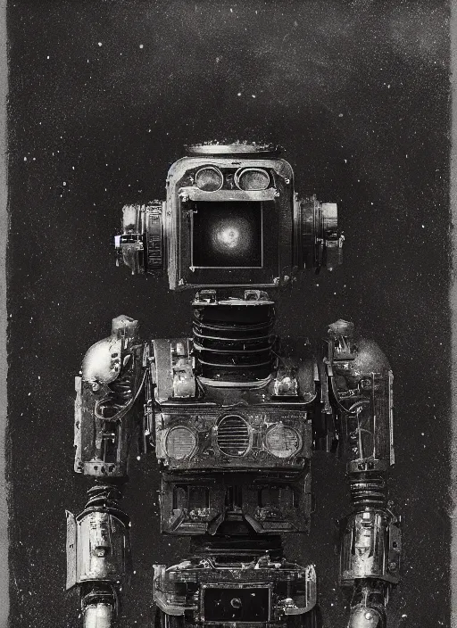 Image similar to old wetplate daguerreotype portrait of futuristic robot, explosion of data fragments, fractal, intricate, elegant, highly detailed, parallax, leica, medium format, subsurface scattering, by jheronimus bosch and greg rutkowski and louis jacques mande daguerre