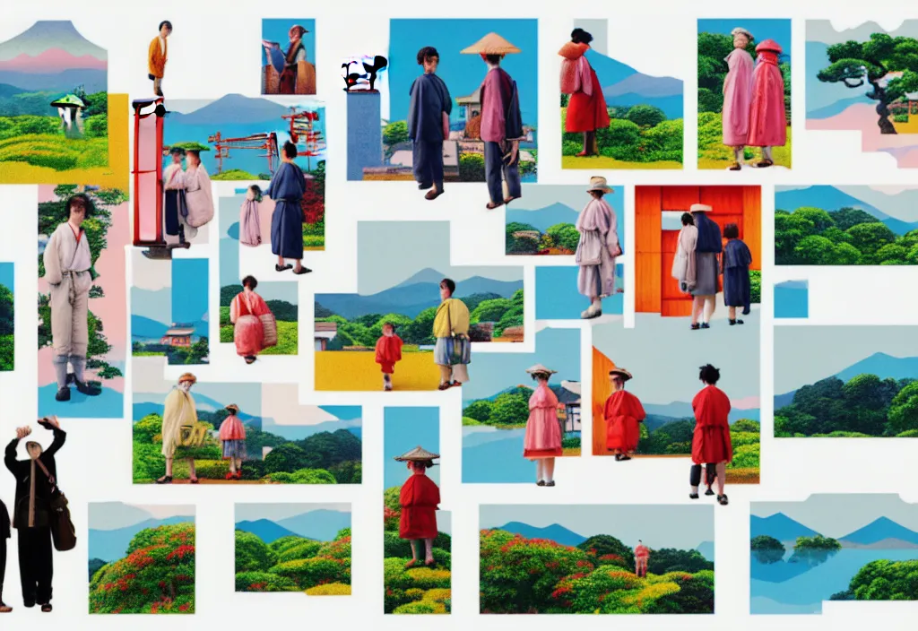 Image similar to full frame a single image, a row of a several european tourists standing with a variety of poses and props, several character designs, rural japan, a collage painting, in the style of wes anderson, lola dupre, david hockney, isolated on negative white space background dark monochrome neon spraypaint accents volumetric octane render