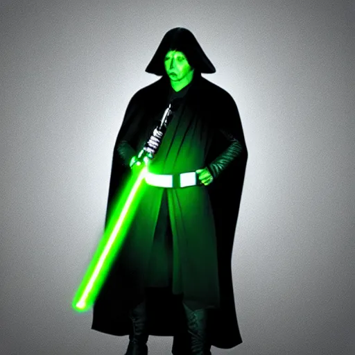 Image similar to luke skywalker holding a green lightsaber wearing a dark cloak