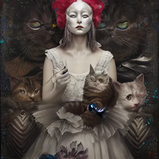 Image similar to actionism, soft painting curiosities carnival, beautiful cat head hybrid in full long dress, accurate features, focus, very intricate ultrafine details, black white purple volumetric clouds, award winning masterpiece, octane render 8 k hd, tom bagshaw artstyle