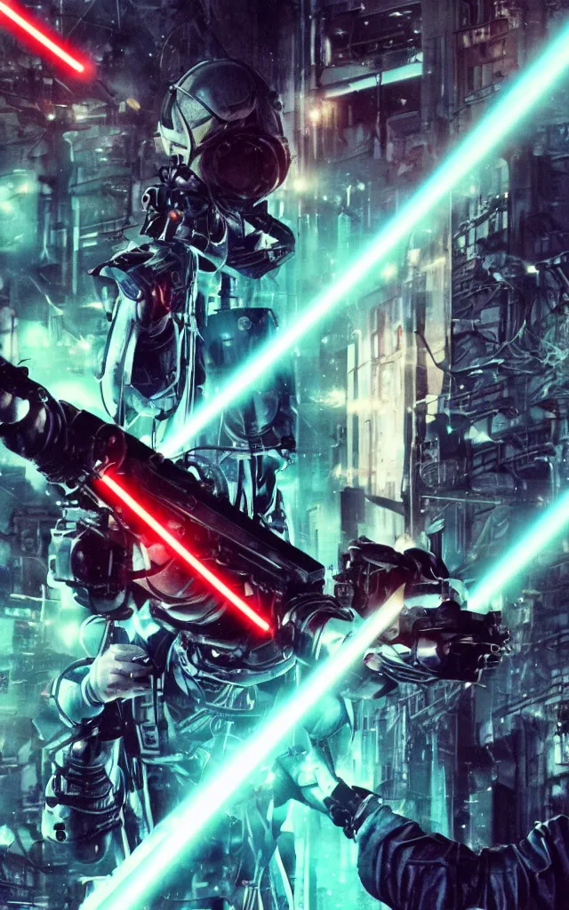 Image similar to Cybernetic Pope shooting bright cross shaped lasers, 80s, science fiction, cyberpunk, neon, low angle shot, cross, pope, movie poster, futuristic