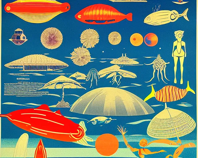 Image similar to 1976 science fiction poster, cut out collage, nouvelle vague, beach on the outer rim, kabuki theater, tropical sea creatures, aquatic plants, drawings in style of Ernst Haeckl, composition William S Boroughs, written by Ernst Jandl