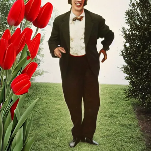 Image similar to photo of herbert butros khaury as singer tiny tim, tiptoeing through the tulips, walking on tiptoes