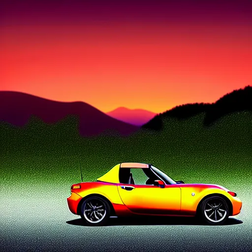 Prompt: a car Mazda Miata in middle of road, gunma prefecture, city sunset night, cinematic color, photorealistic, highly detailed