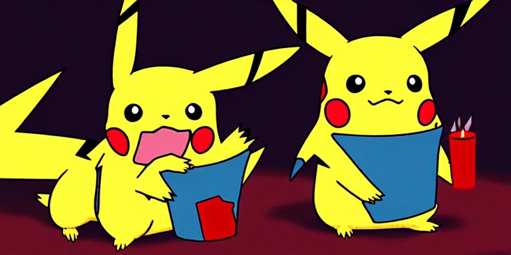 Image similar to pikachu devouring a dog sharp teeth burtal eyes scary mouth dark room red candles trash bin