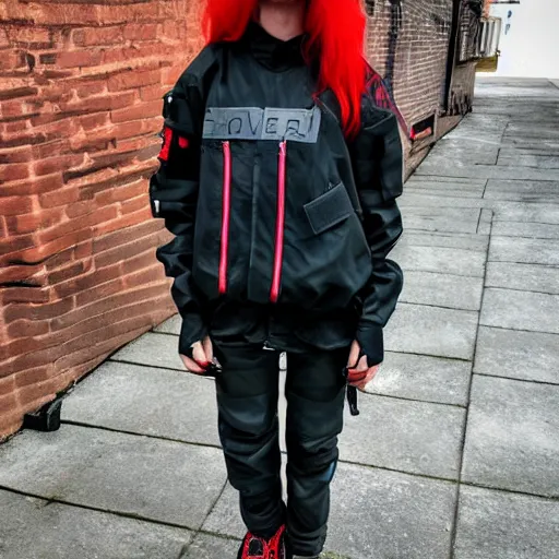 Image similar to beautiful red haired woman in techwear, warcore look and clothes, ACG, ACRNYM, Rick Owens, trending on r/streetwear, outfit photo