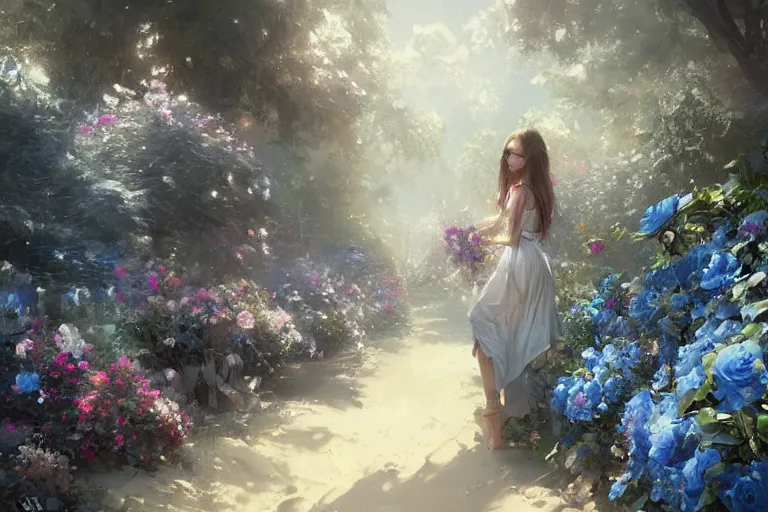 Image similar to a beautiful painting of blue roses garden, girl, by greg rutkowski, trending on artstation