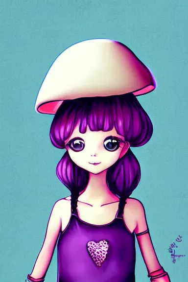 Image similar to a little girl wearing a mushroom hat in dress sitting | | purple hair, pretty face, fine details, digial art by lois van baarle, anatomically correct, perfect composition, symmetrical, fantastic, clean details, anime character