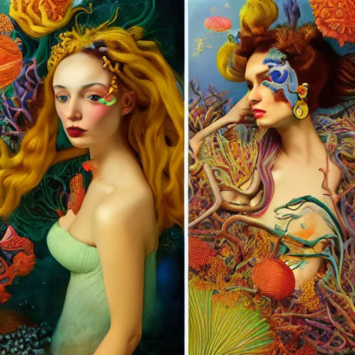 Prompt: dynamic composition, a painting of a woman with hair of seaweed and ( brightly - colored - corals ), wearing ornate earrings, a surrealist painting by tom bagshaw and jacek yerga and tamara de lempicka and jesse king, underwater, featured on cgsociety, pop surrealism, surrealist, dramatic lighting, pre - raphaelite, ornate gilded details