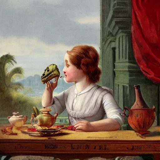 Prompt: a dinosaur drinking tea in the victorian age, portrait