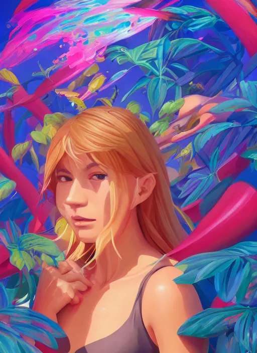 Image similar to symmetry!! samus surrounded by colorful plants, upper body face shot, long straight blonde hair, visible face : : portrait, painting, splash, jesper ejsing, by rhads, makoto shinkai and lois van baarle, ilya kuvshinov, ross tran, borderlands artworks in 4 k