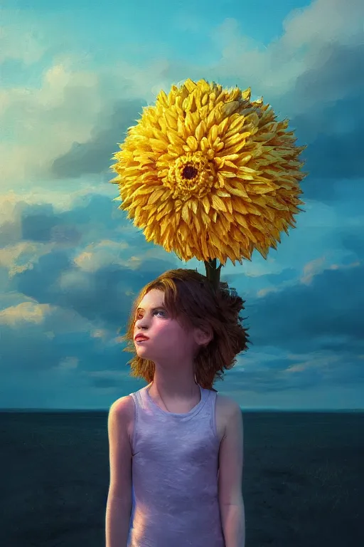 Image similar to closeup girl with huge dahlia flower head, on beach, surreal photography, blue sky, sunrise, dramatic light, impressionist painting, digital painting, artstation, simon stalenhag