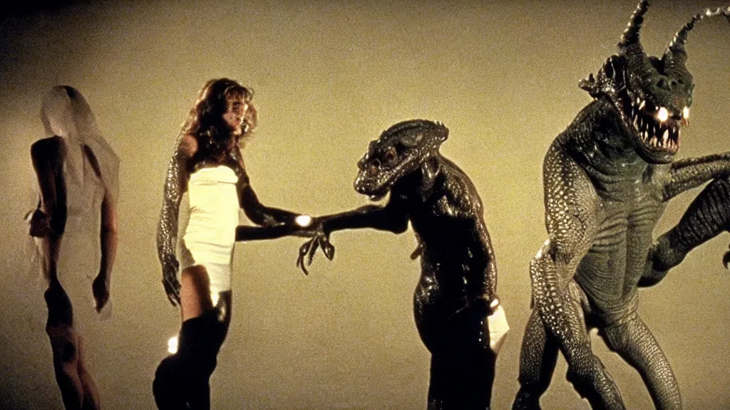 Image similar to movie scene of a girl and a draconian humanoid, reptil, reptilian, movie still, cinematic composition, cinematic light, criterion collection, reimagined by industrial light and magic, Movie by David Lynch and Ridley Scott