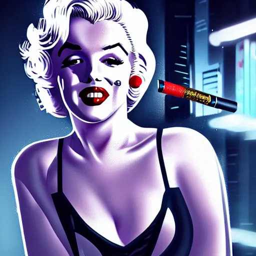 Image similar to marilyn monroe cyberpunk, cigarette dangling, grenade in hand, by pascal blanche, ultradetailed, 8 k