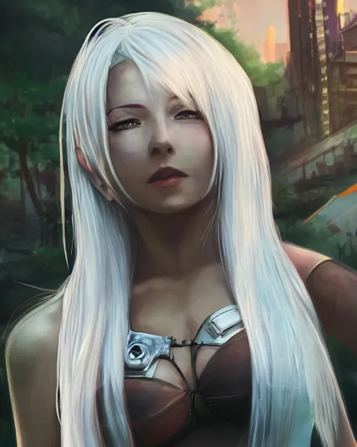 Image similar to tifa lockhart with white hair, beautiful face, garden, utopian city, solarpunk, perfect, attractive, illuminated, ultra realistic, atmosphere, cinematic, artstation, highly detailed, art by blair armitage and seunghee lee