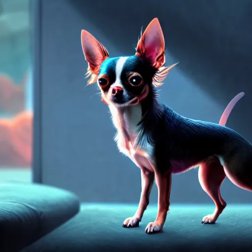 Prompt: a transcendent chihuahua living in an extradimensional reality, in the style of wlop, illustration, epic, fantasy, hyper detailed, smooth, unreal engine, sharp focus, ray tracing, physically based rendering, renderman, beautiful