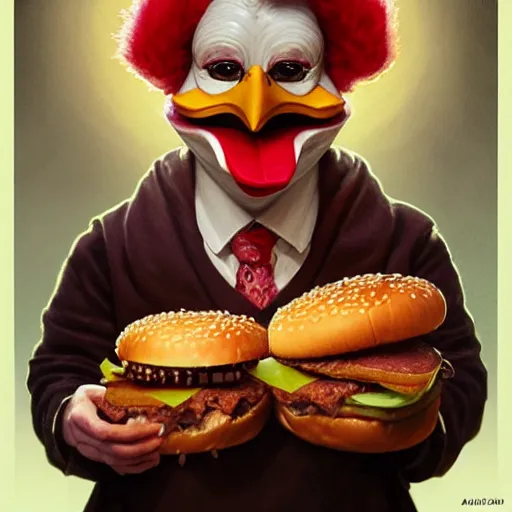 Image similar to portrait of Howard The Duck eating hamburgers, extra onions and ketchup, luscious patty with sesame seeds, feminine ethereal, handsome, D&D, fantasy, intricate, elegant, highly detailed, digital painting, artstation, concept art, matte, sharp focus, illustration, art by Artgerm and Greg Rutkowski and Alphonse Mucha