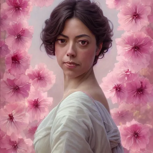 Image similar to pink petals with a ahape of a wonderful aubrey plaza, intricate, elegant, highly detailed, wonderful eyes, sweet, digital painting, artstation, concept art, smooth, sharp focus, illustration, art by artgerm and greg rutkowski and alphonse mucha and william - adolphe bouguereau