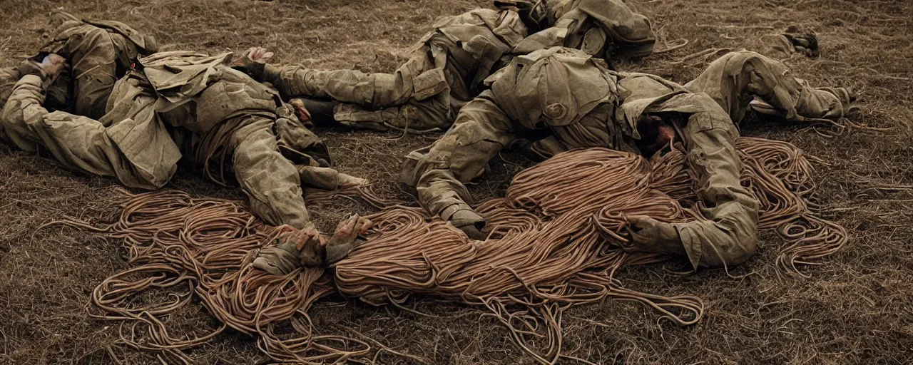 Image similar to dead soldiers on the battlefield, wrapping spaghetti, fog of war, canon 5 0 mm, high detail, intricate, cinematic lighting, photography, wes anderson, film, kodachrome