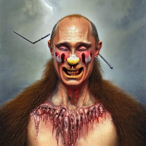 Image similar to vladimir putin, putin is bald prehistoric primate caveman, reptiloid reptile eyes, toothless, saw teeth, horror macabre face, clown nose, by donato giancola and greg rutkowski and wayne barlow and zdzisław beksinski, realistic face, digital art