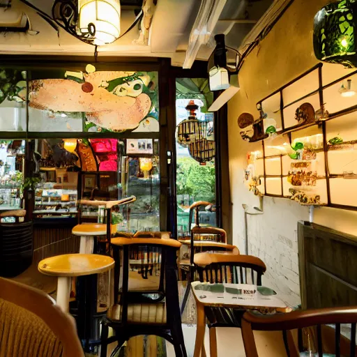 Image similar to cute frog themed cafe, japanese cafe photography,