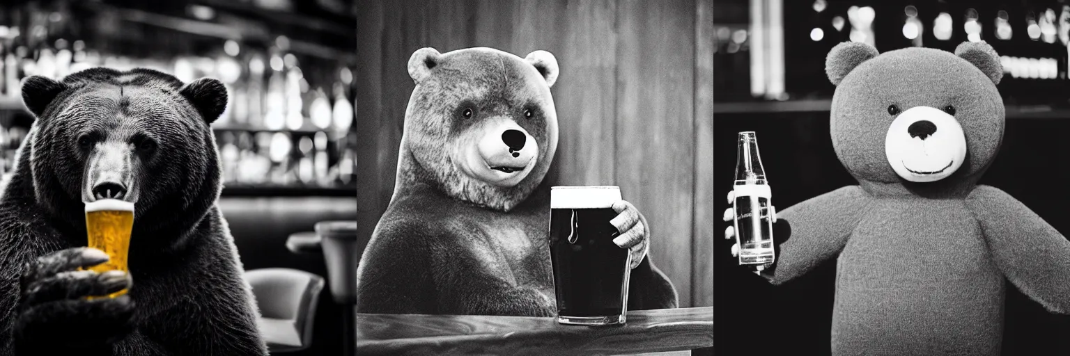 Prompt: a friendly bear holding a beer in a bar, professional photo, monochrome