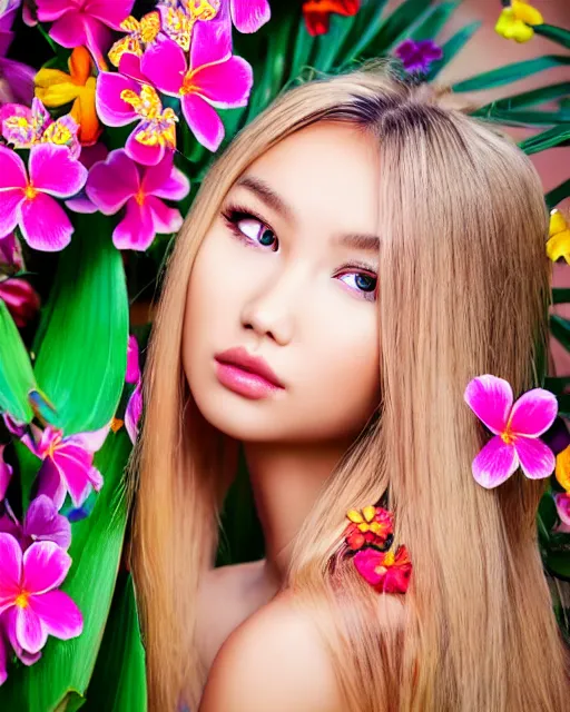 Prompt: an stunning beautiful eastern girl is surrounded by colourful tropical flowers and plants, symmetric face and eyes, upper body face shot, long straight blonde hair, visible face 5 0 mm f 2. 2 by wu daozi