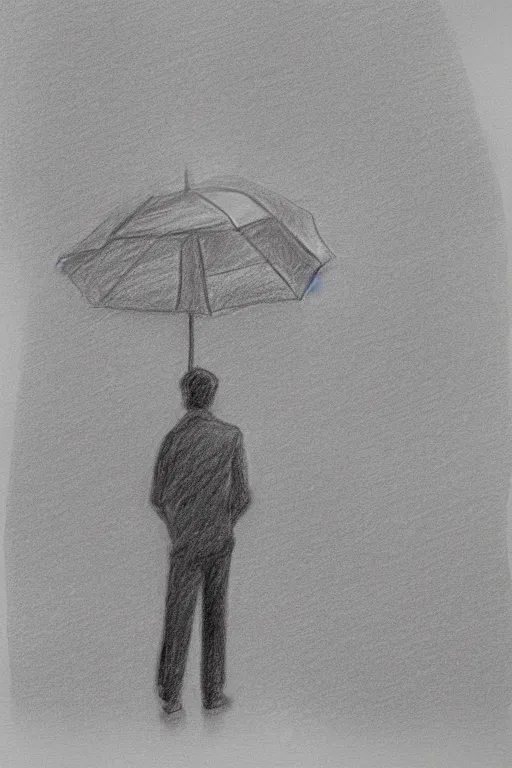 Image similar to a drawn man standing in the rain in a jacket. pencil sketch.