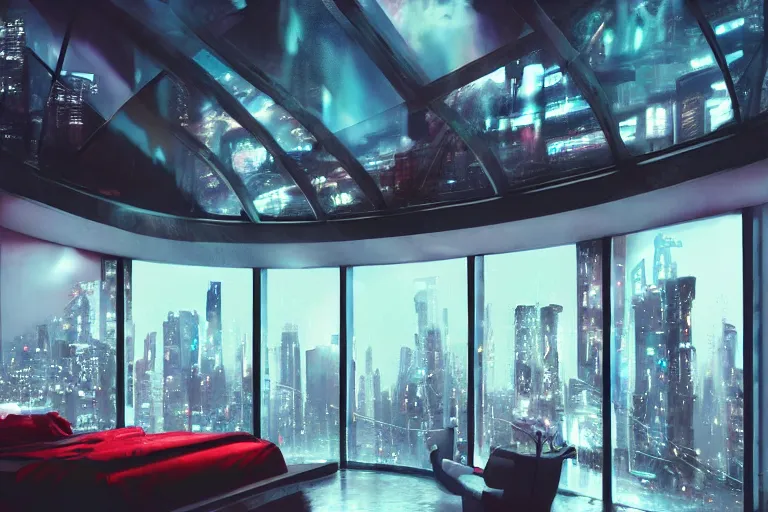 Image similar to a futuristic bedroom with large curved ceiling high windows looking out to a far future cyberpunk cityscape, cyberpunk neon lights, raining, scifi